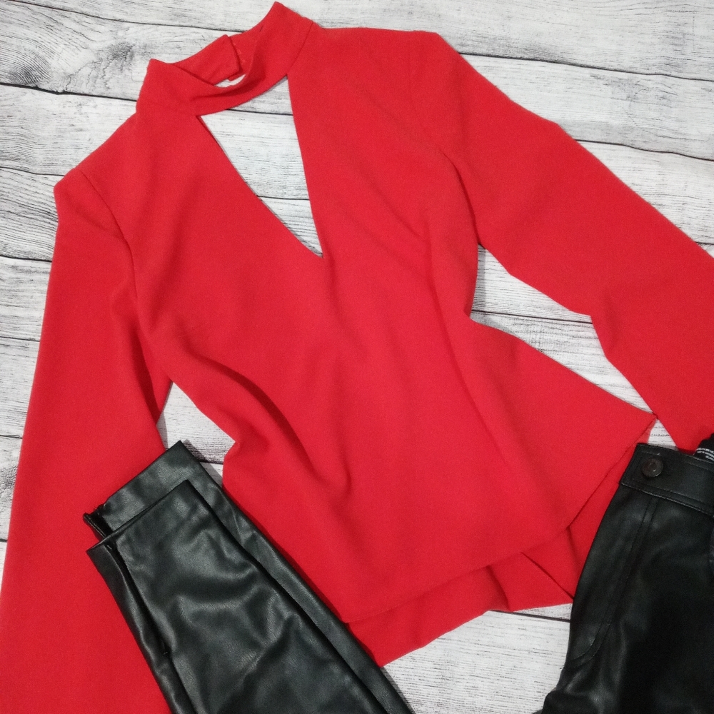 Intermix Red Plunging Open Back Blouse